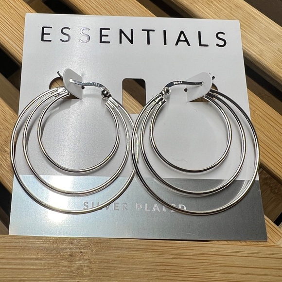 Essentials Silver Plated Triple Graduated Hoop Pierced Earrings 1 1/2” - Picture 5 of 8